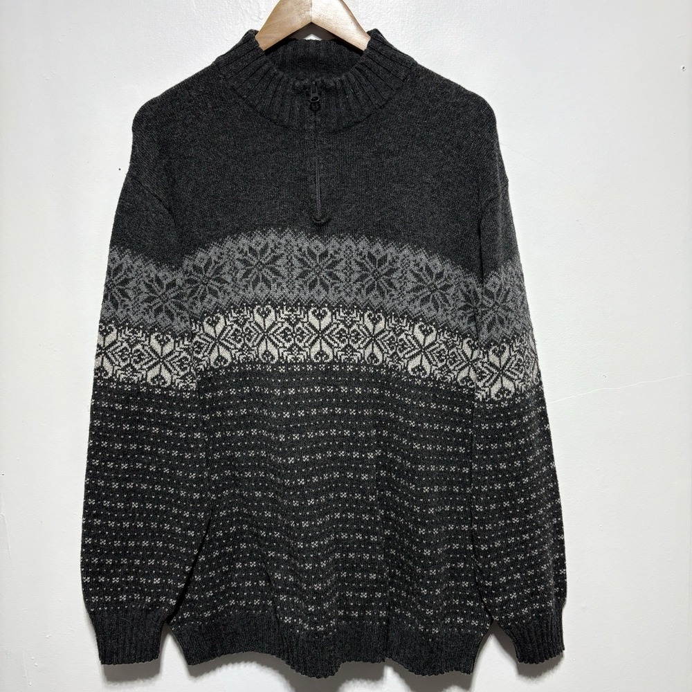 Woolrich Sweater Mens 2XL Gray Fair Isle Zip Neck Heavyweight Wool Blend